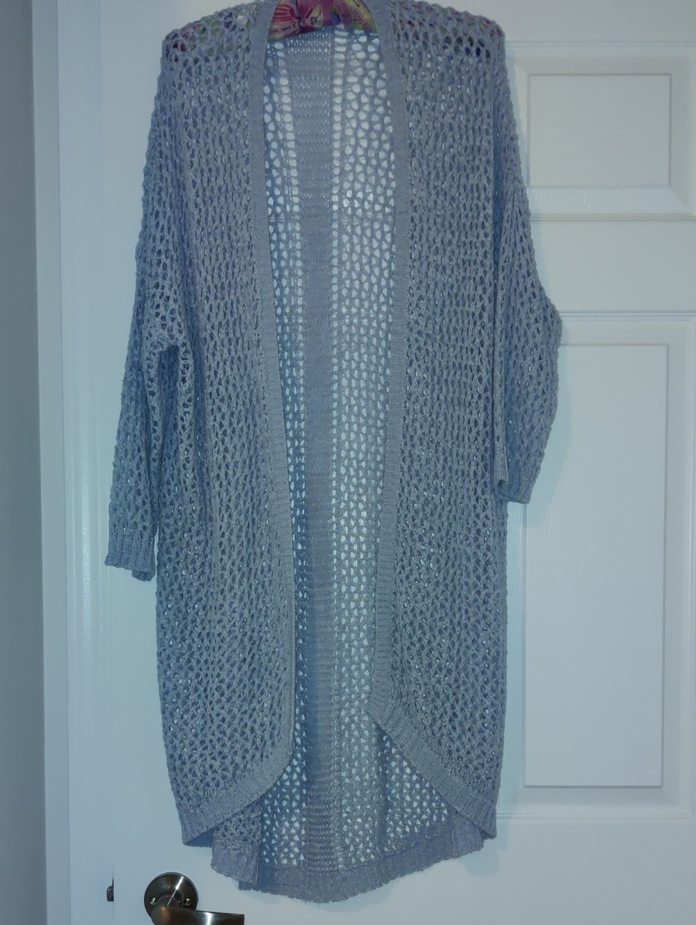 Open-Front Lightweight Crochet Cardigan Sweater - Light Gray